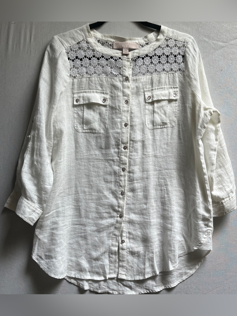 Fenn Wright Manson Studio White Linen Blend Lace Yoke Button Down Top Size 8